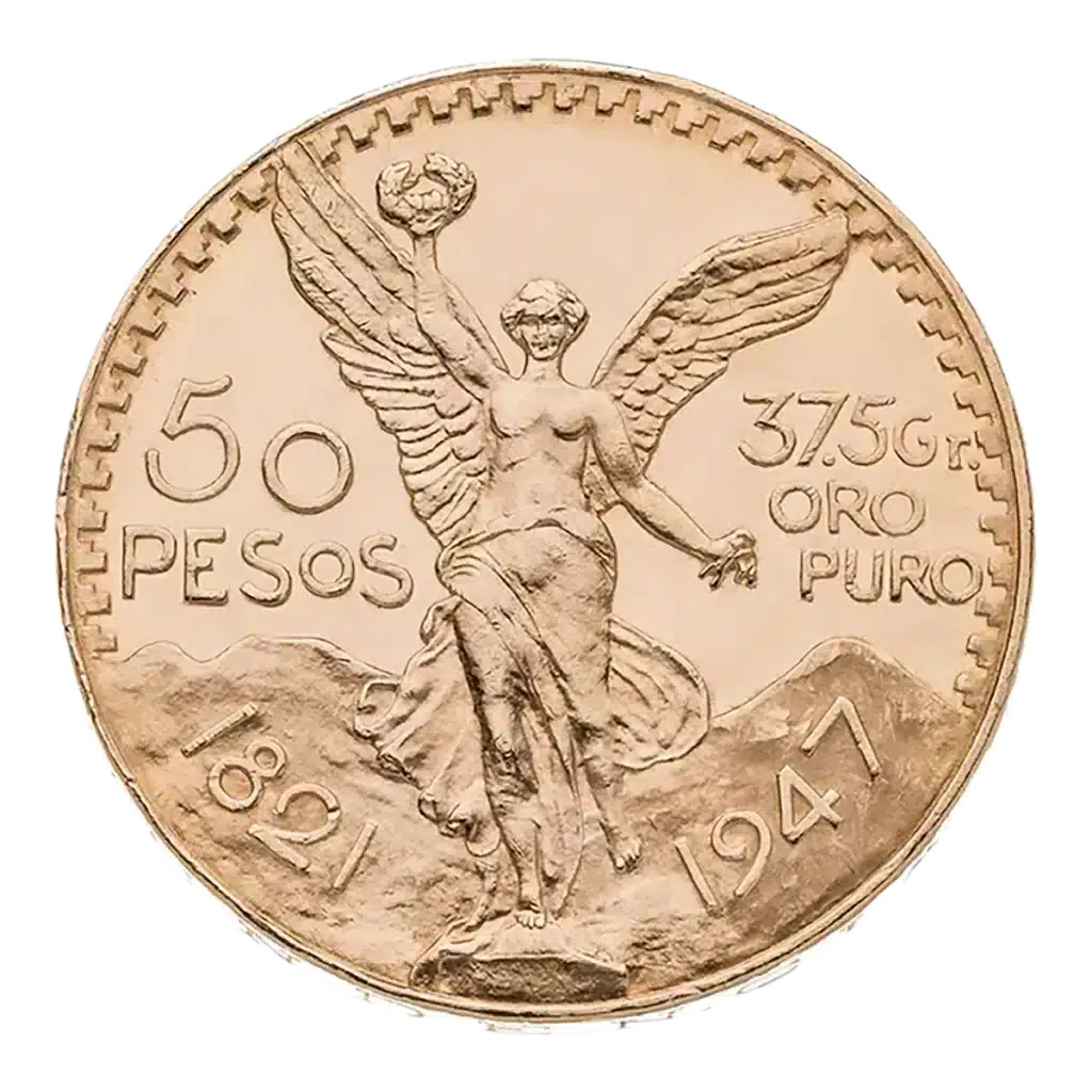 Moneda de oro de 50 Pesos de México de 1947 con la Victoria Alada, montañas e inscripciones: "50 Pesos", "37,5 Gr. Oro Puro" y los años 1821 y 1947.