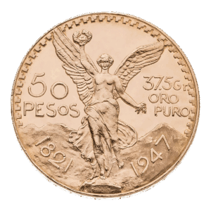 La moneta d'oro da 50 Pesos del Messico raffigura una statua della Vittoria alata con montagne, 50 PESOS, 37,5 Gr. ORO PURO, e gli anni 1821 e 1947 incisi sul fronte.