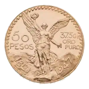 Moneda de oro de 50 Pesos de México de 1947 con la Victoria Alada, montañas e inscripciones: "50 Pesos", "37,5 Gr. Oro Puro" y los años 1821 y 1947.