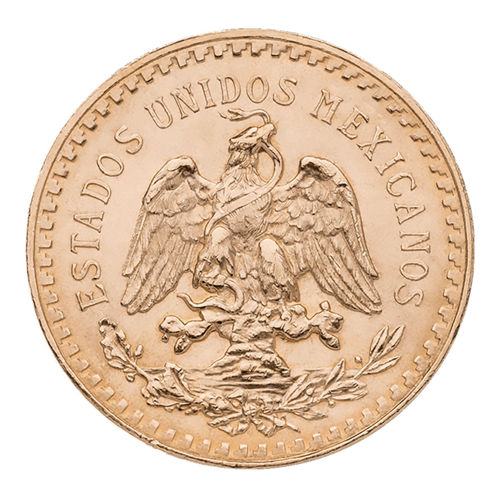La moneta d'oro da 50 Pesos Mexico presenta lo stemma del Messico: un'aquila su un cactus con un serpente nel becco e nell'artiglio, circondata dall'iscrizione ESTADOS UNIDOS MEXICANOS.