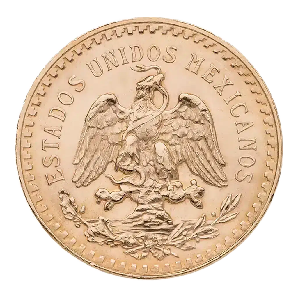La moneda de oro de 50 pesos mexicanos muestra el escudo de armas de México -un águila sobre un nopal con una serpiente en el pico- rodeado por "ESTADOS UNIDOS MEXICANOS" a lo largo del borde.