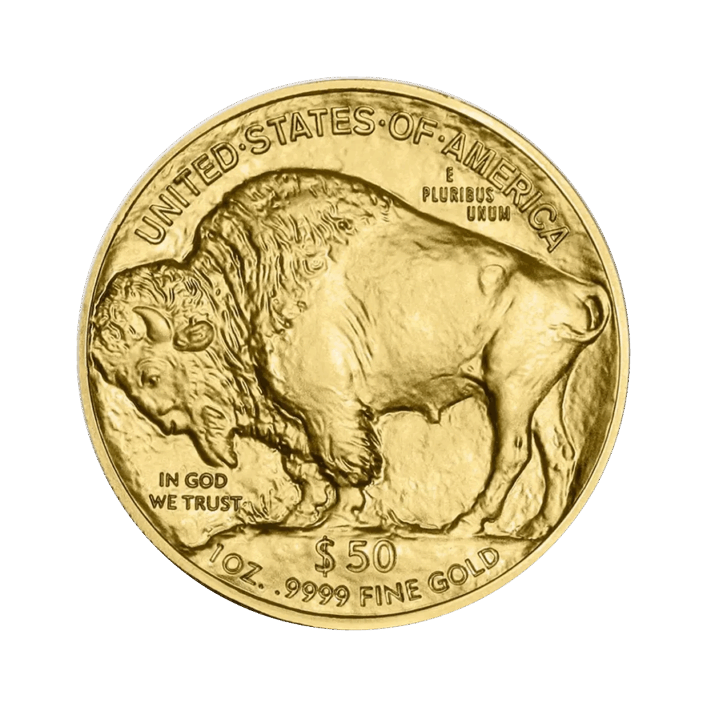 Il Bufalo Americano Oro 2025 da 1 oz presenta un grande bufalo americano e le iscrizioni: UNITED STATES OF AMERICA, E PLURIBUS UNUM, IN GOD WE TRUST, 50, 1 OZ. .9999 FINE GOLD.