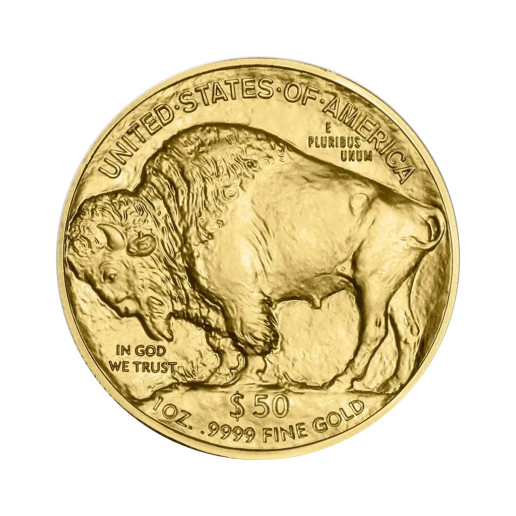 El Búfalo Americano Oro 2025 de 1 oz es una moneda de oro que representa un bisonte americano, con las inscripciones "UNITED STATES OF AMERICA", "IN GOD WE TRUST", "E PLURIBUS UNUM", "50" y "1 OZ. .9999 FINE GOLD".