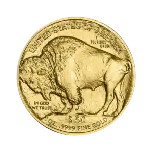 El Búfalo Americano Oro 2025 de 1 oz es una moneda de oro que representa un bisonte americano, con las inscripciones "UNITED STATES OF AMERICA", "IN GOD WE TRUST", "E PLURIBUS UNUM", "50" y "1 OZ. .9999 FINE GOLD".