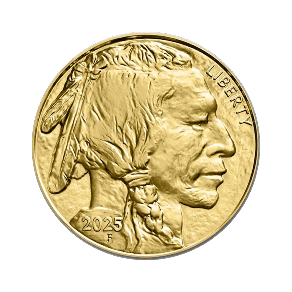 La moneta d'oro da 1 oz Bufalo Americano Oro 2025 mostra il profilo di un nativo americano con capelli intrecciati e piume, la scritta LIBERTY sulla destra e 2025 F in basso a sinistra.