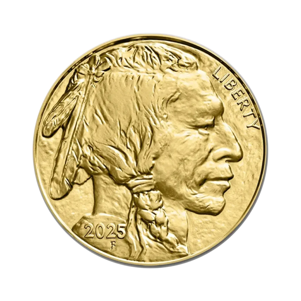 El Búfalo Americano Oro 2025 de 1 oz muestra un perfil de un nativo americano con el pelo trenzado, la inscripción LIBERTY a la derecha y el año 2025 en la parte inferior izquierda.