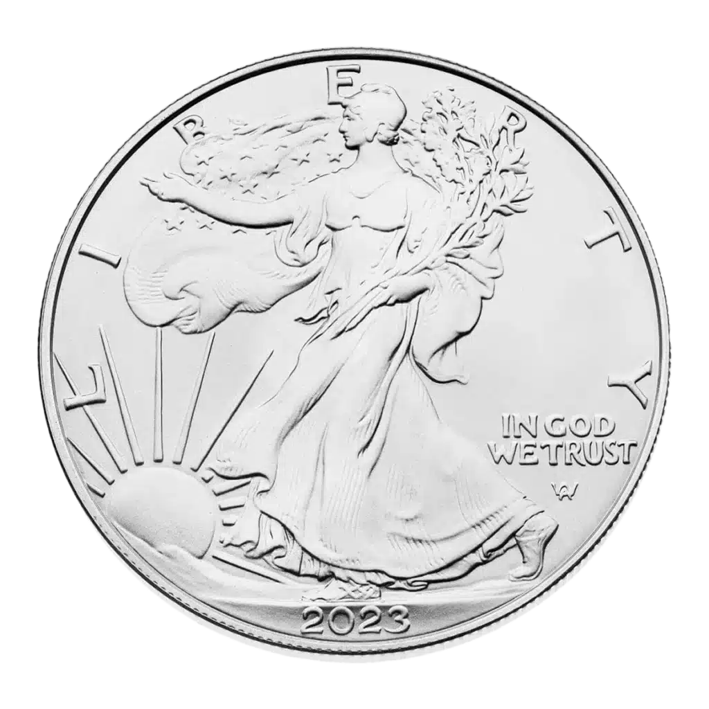 The Silver American Eagle is a 2023 coin depicting Lady Liberty walking with branches, the sun rising behind her, and the inscriptions LIBERTY and IN GOD WE TRUST.