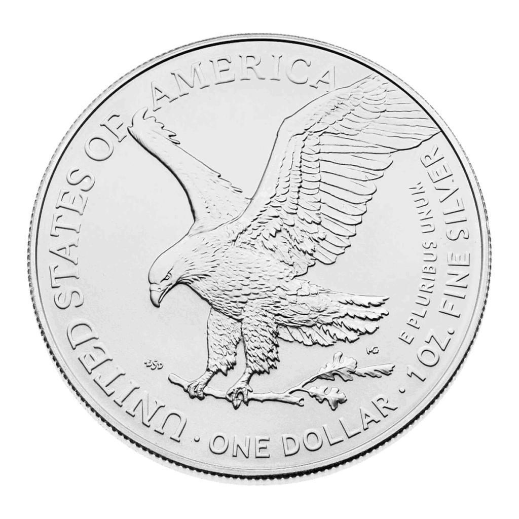 La moneta d'argento American Eagle mostra un'aquila calva che atterra su un ramo, con "UNITED STATES OF AMERICA", "E PLURIBUS UNUM" e "ONE DOLLAR - 1 OZ. FINE SILVER." intorno al disegno.