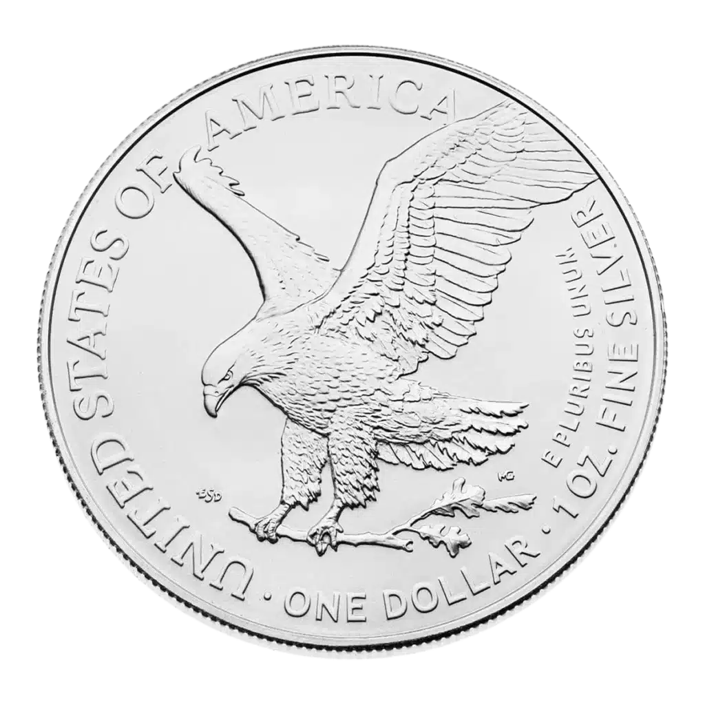 The Silver American Eagle coin depicts an eagle landing on a branch, with inscriptions: UNITED STATES OF AMERICA, E PLURIBUS UNUM, ONE DOLLAR, and 1 OZ. FINE SILVER.