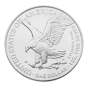 La moneta d'argento American Eagle mostra un'aquila calva che atterra su un ramo, con "UNITED STATES OF AMERICA", "E PLURIBUS UNUM" e "ONE DOLLAR - 1 OZ. FINE SILVER." intorno al disegno.