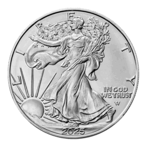 La moneta da 1 oz American Eagle Argento 2025 raffigura Lady Liberty che cammina con un sole nascente e rami, con le scritte LIBERTY e IN GOD WE TRUST.