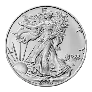 La moneda de 1 oz Águila Americana Plata 2025 muestra a la Dama de la Libertad vestida con una túnica con ramas, el sol saliendo detrás de ella y las inscripciones LIBERTY Libertad y IN GOD WE TRUST En Dios confiamos.