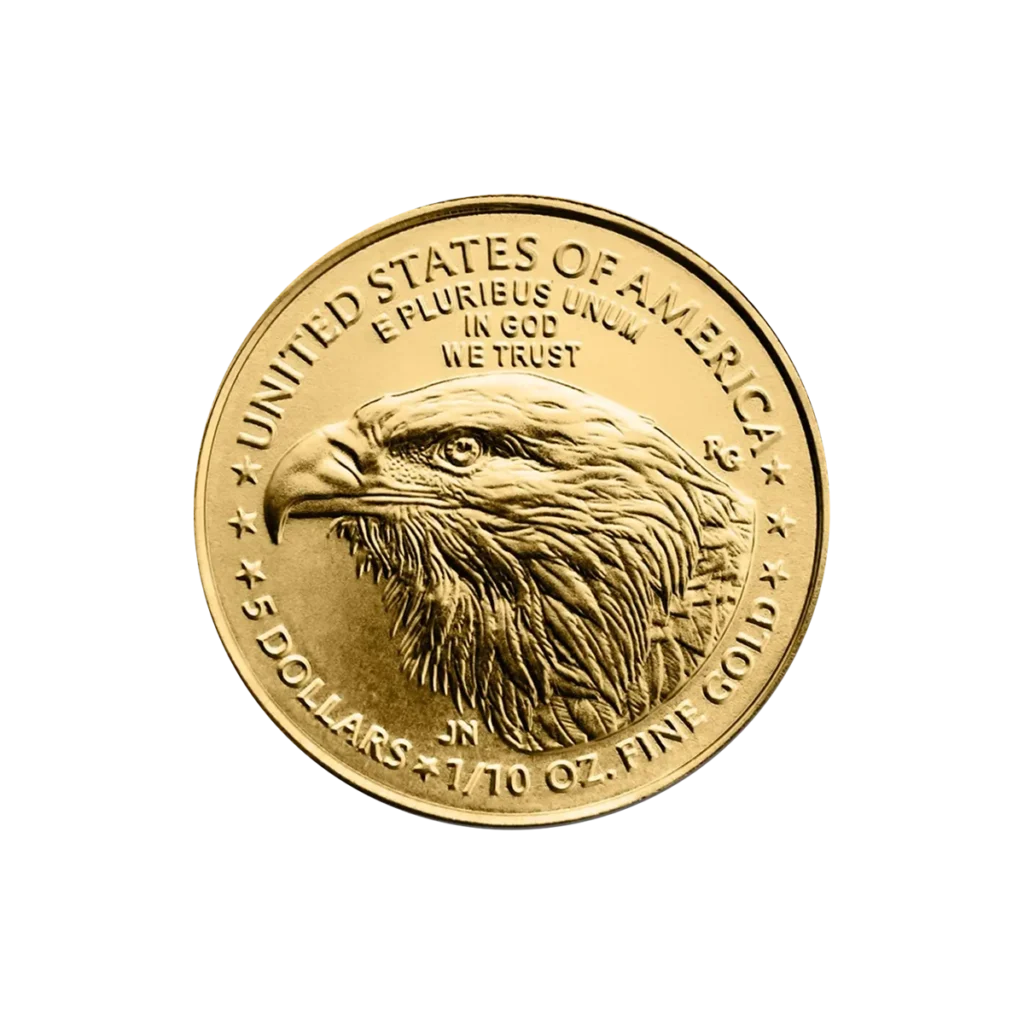 The 1/10 oz American Eagle Gold Coin 2025 features a detailed eagle's head in profile and is inscribed with UNITED STATES OF AMERICA, IN GOD WE TRUST, 5 DOLLARS, and 1/10 OZ. FINE GOLD.