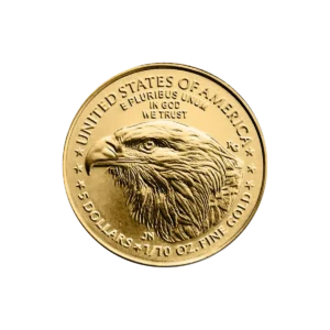 El 1/10 oz Águila Americana Oro 2025 es una moneda de oro con una cabeza de águila detallada y las inscripciones UNITED STATES OF AMERICA, IN GOD WE TRUST, 5 DOLLARS, y 1/10 OZ. ORO FINO alrededor del diseño.