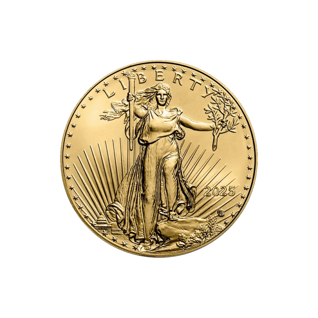 La moneta da 1/10 oz American Eagle Oro 2025 mostra Lady Liberty con una torcia e un ramo d'ulivo, raggi di sole alle sue spalle e "2025" inciso sulla destra.