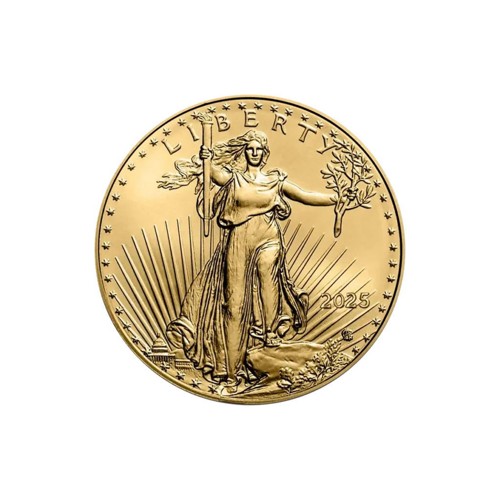 The 1/10 oz American Eagle Gold Coin 2025 showcases Lady Liberty holding a torch and olive branch, with radiant rays behind her, stars along the border, and the year 2025 inscribed on the right.