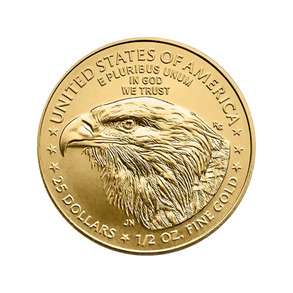 L'American Eagle Oro 2025 da 1/2 oz è una moneta d'oro con il profilo di un'aquila calva e le iscrizioni: UNITED STATES OF AMERICA, E PLURIBUS UNUM, IN GOD WE TRUST, 25 DOLLARS e 1/2 OZ. ORO FINE.