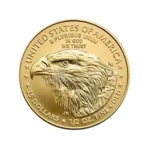 La 1/2 oz Águila Americana Oro 2025 es una moneda de oro con una cabeza de águila calva finamente grabada y las inscripciones UNITED STATES OF AMERICA, E PLURIBUS UNUM, IN GOD WE TRUST, 25 DOLLARS, y 1/2 OZ. ORO FINO.
