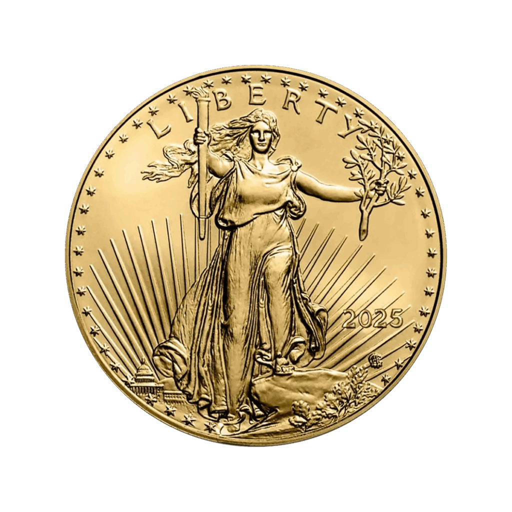 L'American Eagle Oro 2025 da 1/2 oz è una moneta d'oro che raffigura Lady Liberty con una torcia e un ramo d'ulivo, raggi e stelle sullo sfondo e l'anno 2025 inciso sulla destra.