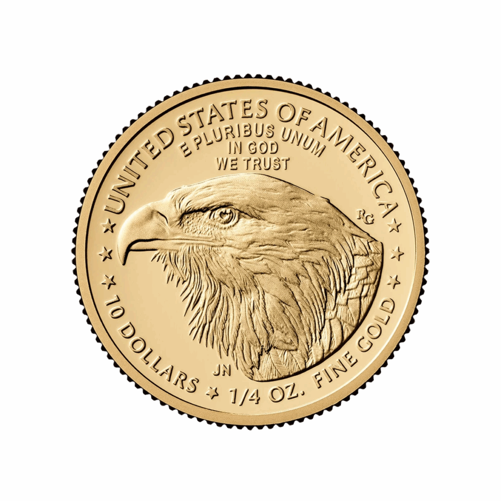 L'American Eagle Oro 2025 da 1/4 di oz. è una moneta d'oro con una dettagliata testa di aquila calva e le iscrizioni United States of America, E Pluribus Unum, In God We Trust, e il suo valore, 10 dollari, 1/4 di oz. d'oro fino.