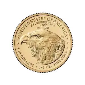 La moneda de 1/4 oz Águila Americana Oro 2025 presenta un perfil de águila calva e inscripciones: "ESTADOS UNIDOS DE AMÉRICA", "E PLURIBUS UNUM", "EN DIOS CONFIAMOS", "10 DÓLARES" y "1/4 OZ. ORO FINO".