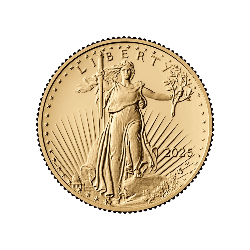 La moneta da 1/4 di oz American Eagle Oro 2025 raffigura Lady Liberty che regge una torcia e un ramo d'ulivo, con la scritta "LIBERTY" in alto, l'anno 2025 sulla destra e i raggi del sole e l'edificio del Campidoglio degli Stati Uniti sullo sfondo.