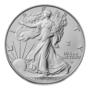 La moneda de 1 oz Águila Americana Plata 2026 muestra a la Dama de la Libertad vestida con una túnica con ramas, el sol saliendo detrás de ella y las inscripciones LIBERTY Libertad y IN GOD WE TRUST En Dios confiamos.