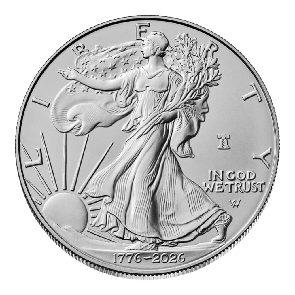 La moneda de 1 oz Águila Americana Plata 2026 muestra a la Dama de la Libertad vestida con una túnica con ramas, el sol saliendo detrás de ella y las inscripciones LIBERTY Libertad y IN GOD WE TRUST En Dios confiamos.