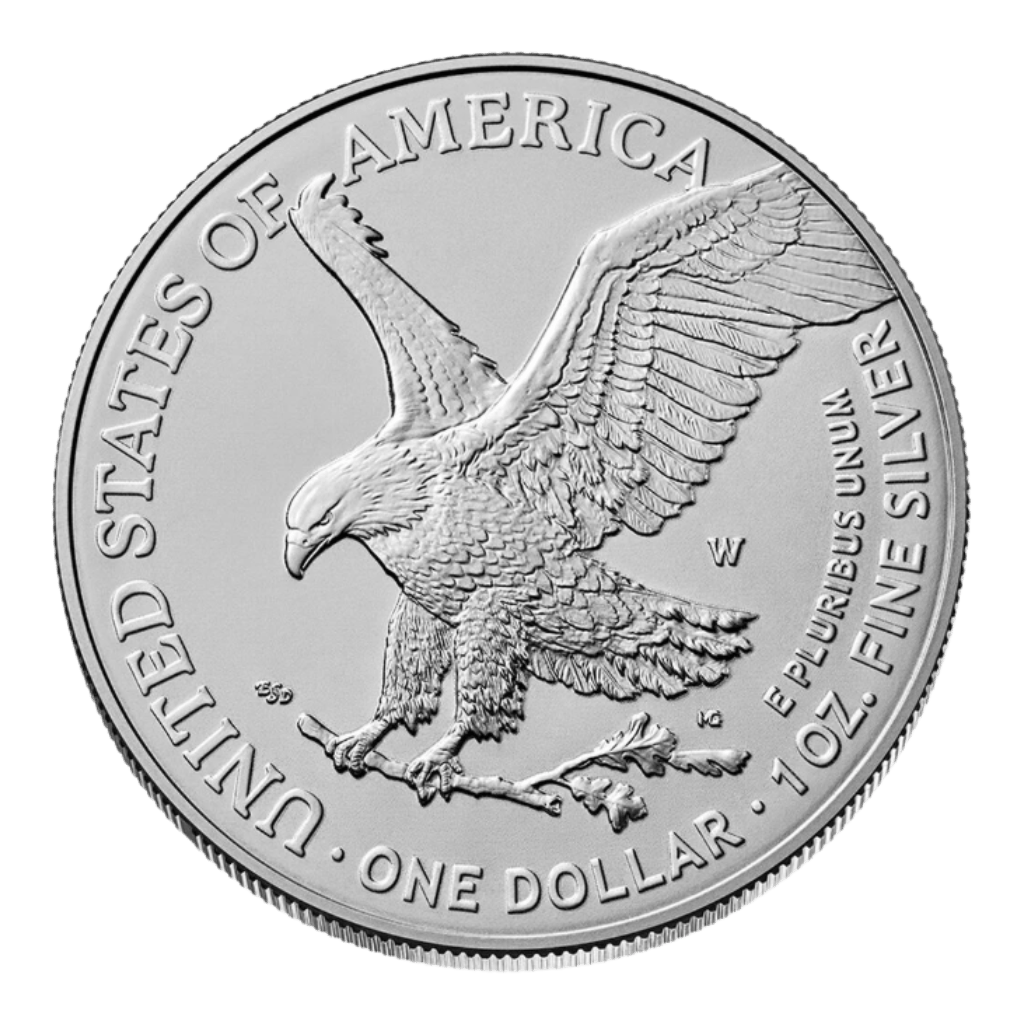 El 1 oz Águila Americana Plata 2026 es una moneda de plata de EE.UU. que muestra un águila calva aterrizando en una rama, con ESTADOS UNIDOS DE AMÉRICA, UN DÓLAR, E PLURIBUS UNUM, y 1 OZ. FINE SILVER inscritos alrededor de los bordes.