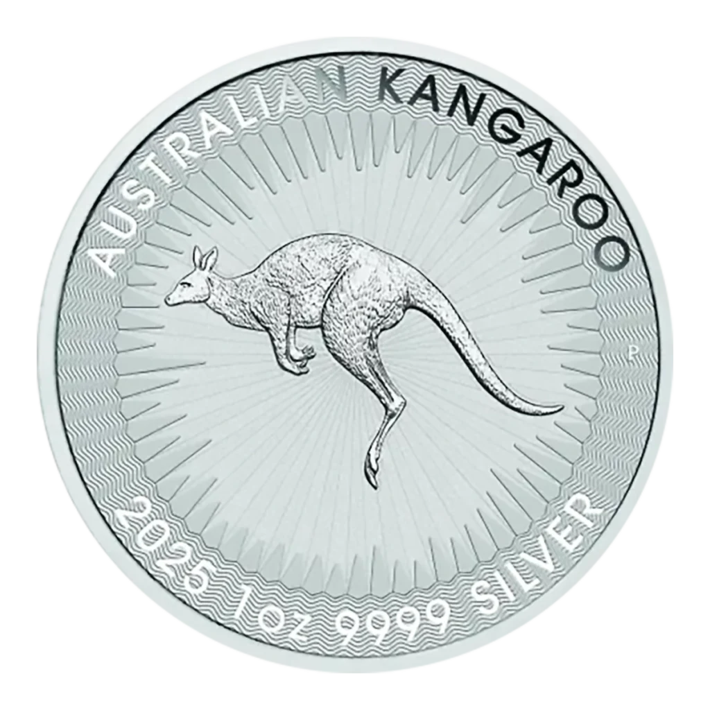 La moneda de 1 oz Canguro Plata 2025 muestra un canguro en el centro, "AUSTRALIAN KANGAROO" en la parte superior y "2025 1 OZ .9999 SILVER" en la parte inferior, con un motivo de rayos de sol detrás del canguro.