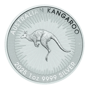 Il Canguro d'Argento 2025 da 1 oz è una moneta d'argento con l'incisione centrale di un canguro, la scritta "AUSTRALIAN KANGAROO" in alto e la scritta "2025 1 oz 9999 SILVER" in basso, il tutto su uno sfondo a raggiera.