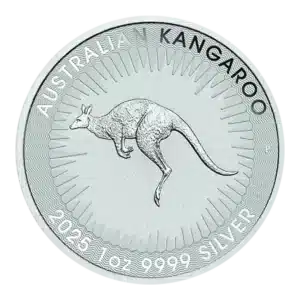 La moneda de 1 oz Canguro Plata 2025 muestra un canguro en el centro, "AUSTRALIAN KANGAROO" en la parte superior y "2025 1 OZ .9999 SILVER" en la parte inferior, con un motivo de rayos de sol detrás del canguro.