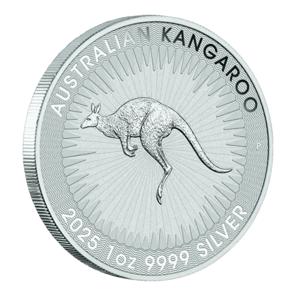 La moneta da 1 oz Canguro d'Argento 2025 mostra un canguro a metà salto con la scritta "AUSTRALIAN KANGAROO" in alto e la scritta "2025 1 OZ 9999 SILVER" in basso, su linee a raggiera che si irradiano da dietro il canguro.