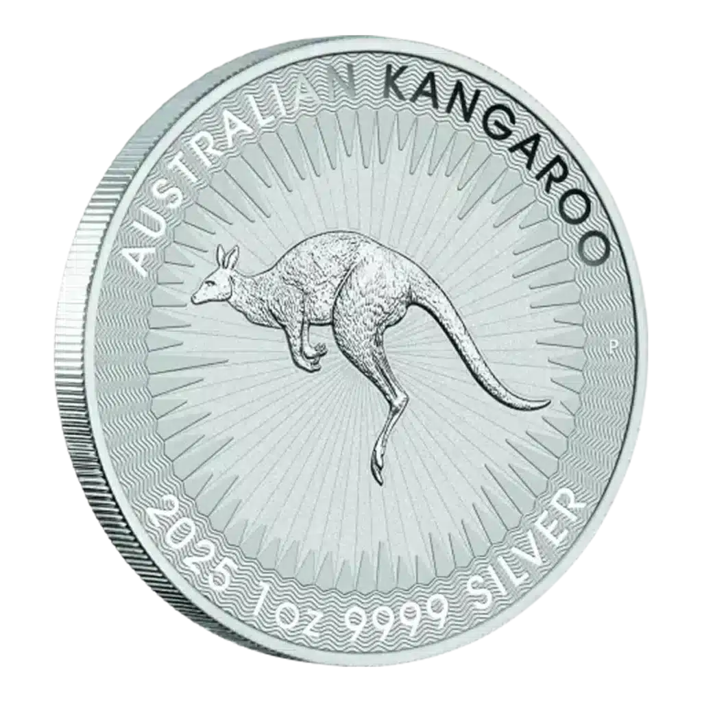 La Canguro Plata 2025 de 1 oz es una moneda de plata con un canguro en el centro y líneas radiales detrás. Alrededor del canto figuran las inscripciones "AUSTRALIAN KANGAROO" y "2025 1 OZ 9999 SILVER".