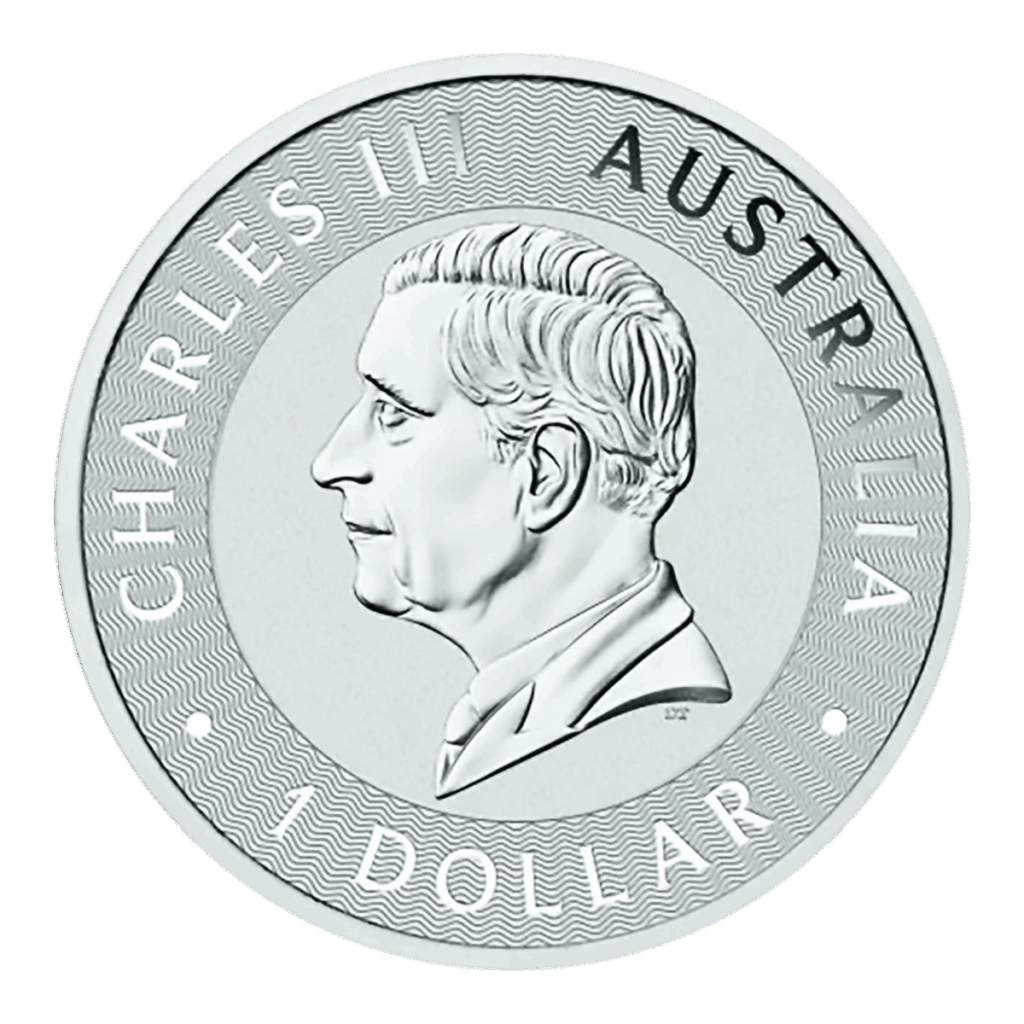 La moneta d'argento da 1 oz Canguro d'Argento 2025 mostra il profilo di un uomo con i capelli corti rivolto verso sinistra, con l'iscrizione CHARLES III, AUSTRALIA e 1 DOLLAR.