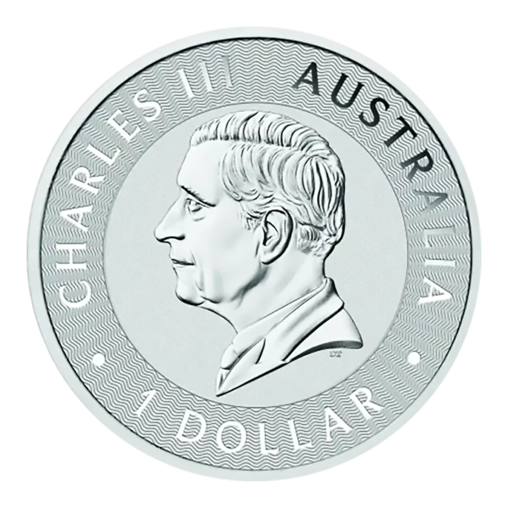 Moneda de 1 oz Canguro Plata 2025 con el retrato del rey Carlos III mirando hacia la izquierda y las inscripciones CHARLES III, AUSTRALIA y 1 DOLLAR.