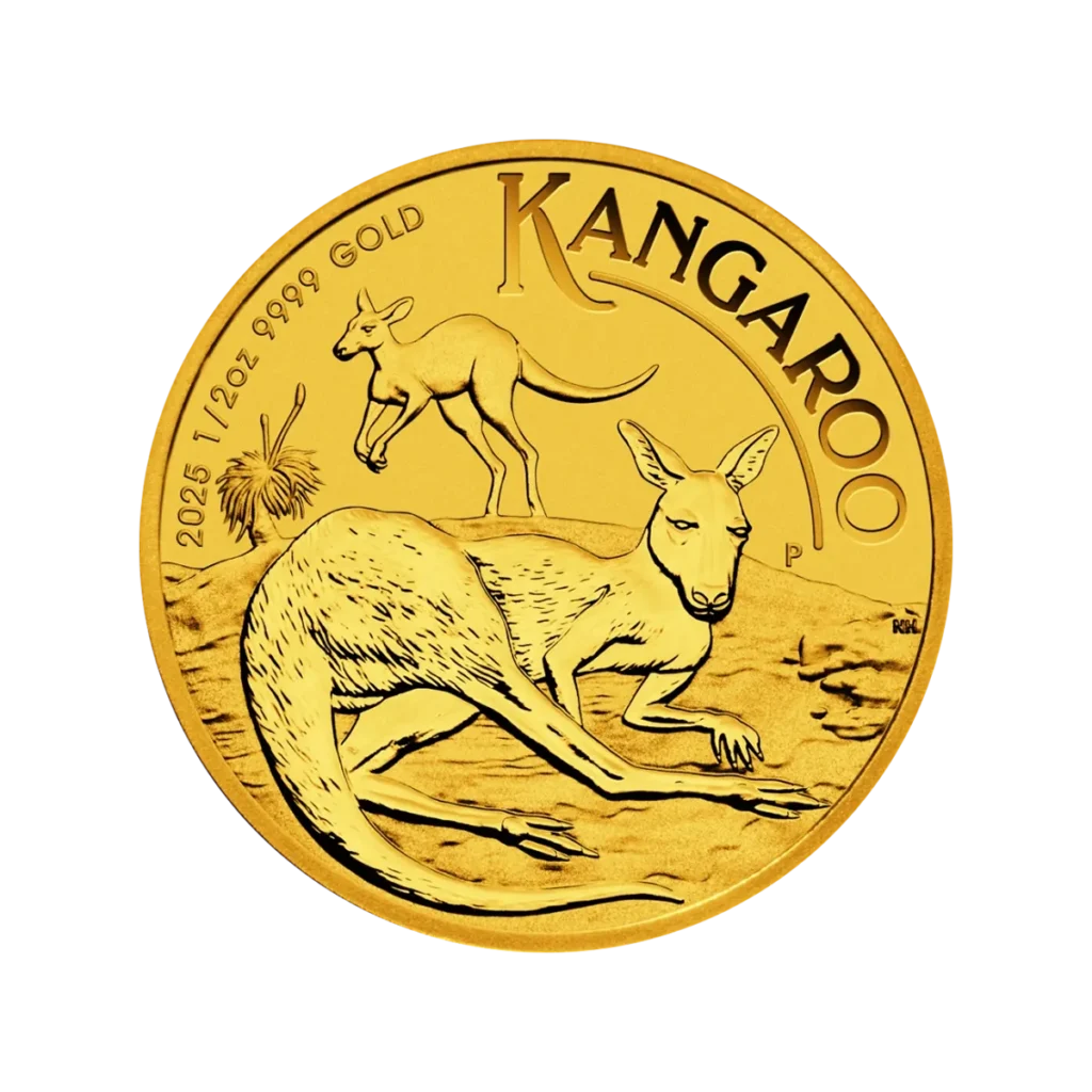 La moneda de 1/2 oz Canguro Australiano Oro 2025 muestra dos canguros -uno de pie y otro tumbado- con "KANGAROO", "2025", "1/2 oz 9999 GOLD" y hierbas decorativas grabadas.