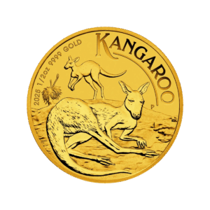 Una moneta d'oro, il Canguro Oro 2025 da 1/2 oz, mostra due canguri, uno in piedi dietro e uno sdraiato davanti, con l'iscrizione KANGAROO e ORO 9999 da 1/2 oz.