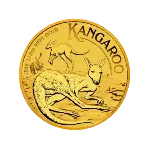 La moneda de 1/2 oz Canguro Australiano Oro 2025 muestra dos canguros -uno de pie y otro tumbado- con "KANGAROO", "2025", "1/2 oz 9999 GOLD" y hierbas decorativas grabadas.