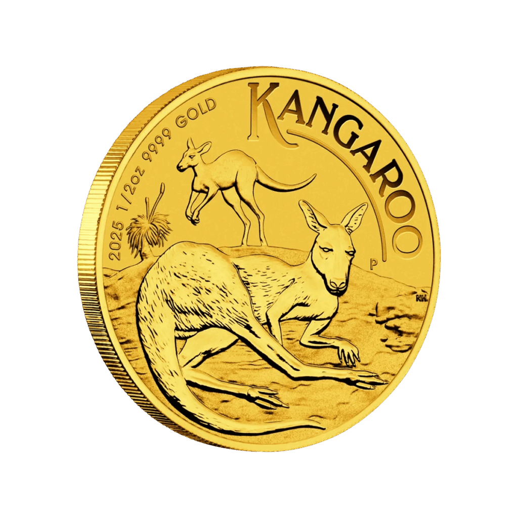 La moneta d'oro da 1/2 oz Canguro Oro 2025 presenta due canguri, uno sdraiato di fronte e uno in piedi dietro, con "KANGAROO", "2025" e "1/2 oz 9999 GOLD" incisi lungo il bordo.