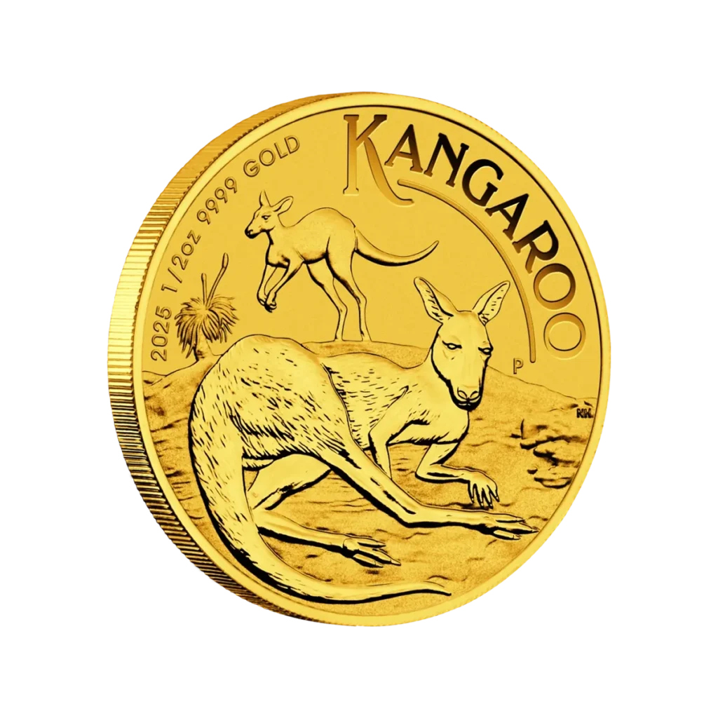 La moneda de 1/2 oz Canguro Australiano Oro 2025 muestra dos canguros, uno tumbado y otro de pie, con la inscripción "KANGAROO" en la parte superior y "2025 | 1/2 oz 9999 GOLD" en el borde izquierdo.