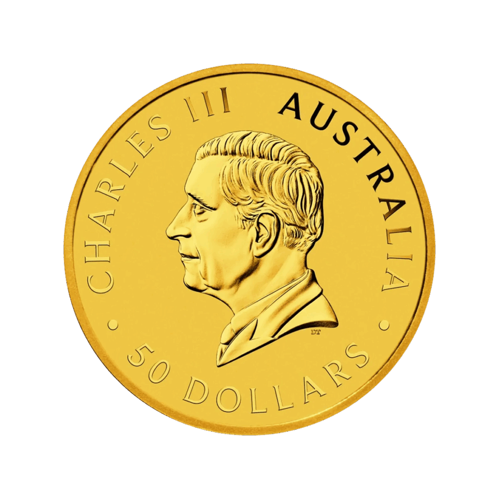 Moneta d'oro australiana da 1/2 oz Canguro Oro 2025 con re Carlo III rivolto a sinistra, CHARLES III, AUSTRALIA e 50 DOLLARI incisi sul bordo.