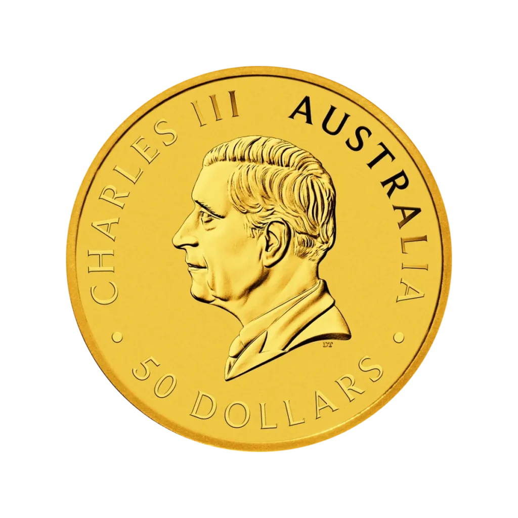 Moneda de 1/2 oz Canguro Australiano Oro 2025 de Australia con el perfil izquierdo del rey Carlos III y las inscripciones CHARLES III, AUSTRALIA y 50 DOLLARS.