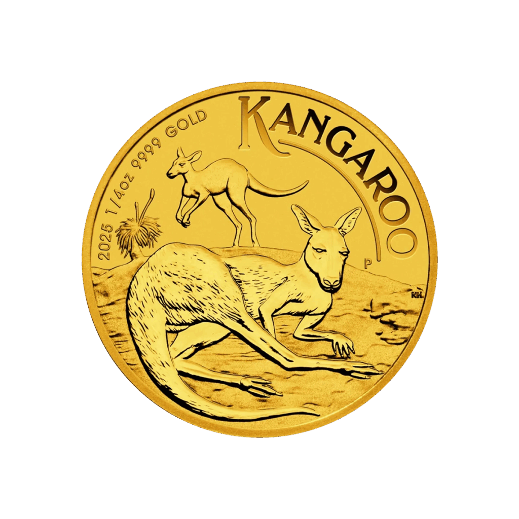 Il Canguro Oro 2025 da 1/4 di oz raffigura due canguri nell'entroterra australiano con la scritta "KANGAROO" in alto, il sole e l'erba sullo sfondo e la scritta "2025 1/4oz 9999 GOLD" sulla sinistra.