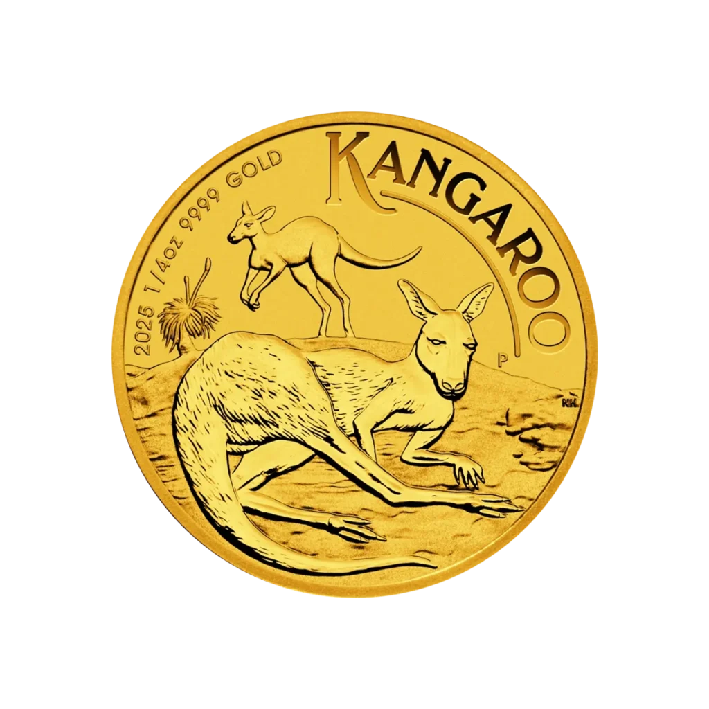 The 1/4 oz Australian Kangaroo Gold Coin 2025 features two kangaroos—one lying down in the foreground and one standing behind—with inscriptions including the year, weight, purity 9999 GOLD, and KANGAROO.
