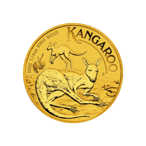 Il Canguro Oro 2025 da 1/4 di oz raffigura due canguri nell'entroterra australiano con la scritta "KANGAROO" in alto, il sole e l'erba sullo sfondo e la scritta "2025 1/4oz 9999 GOLD" sulla sinistra.