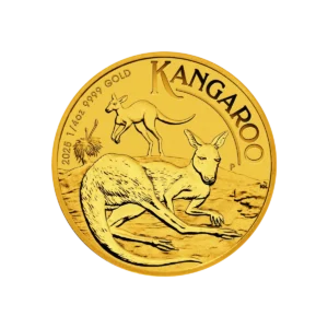 La moneda de oro titulada "1/4 oz Canguro Australiano Oro 2025" muestra dos canguros -uno de pie y otro pastando- sobre un paisaje australiano, con la inscripción 2025 1/4oz 9999 GOLD KANGAROO.