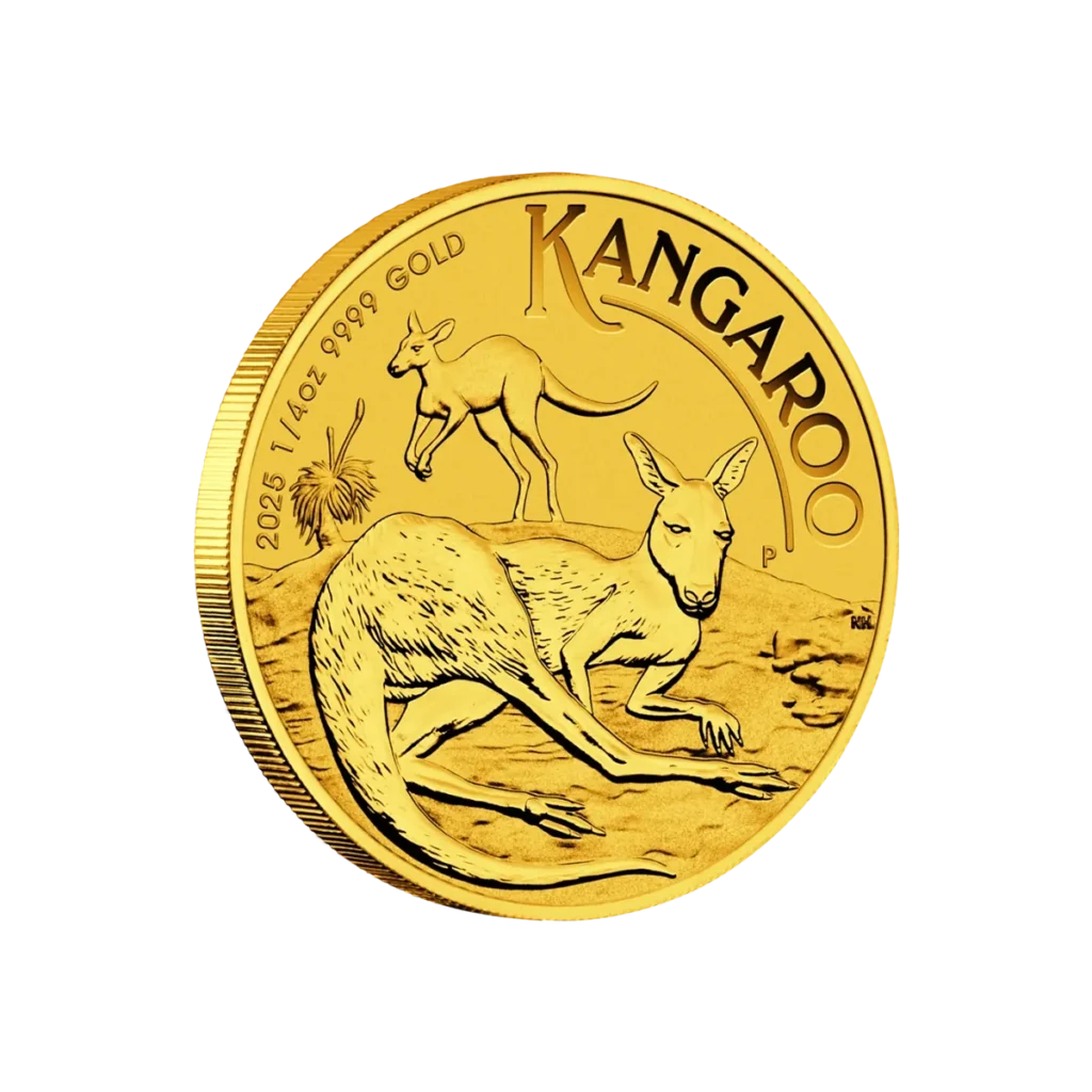 The 1/4 oz Australian Kangaroo Gold Coin 2025 features two kangaroos—one lying down in the foreground and one standing behind—with inscriptions: KANGAROO, 2025, 1/4oz 9999 GOLD.