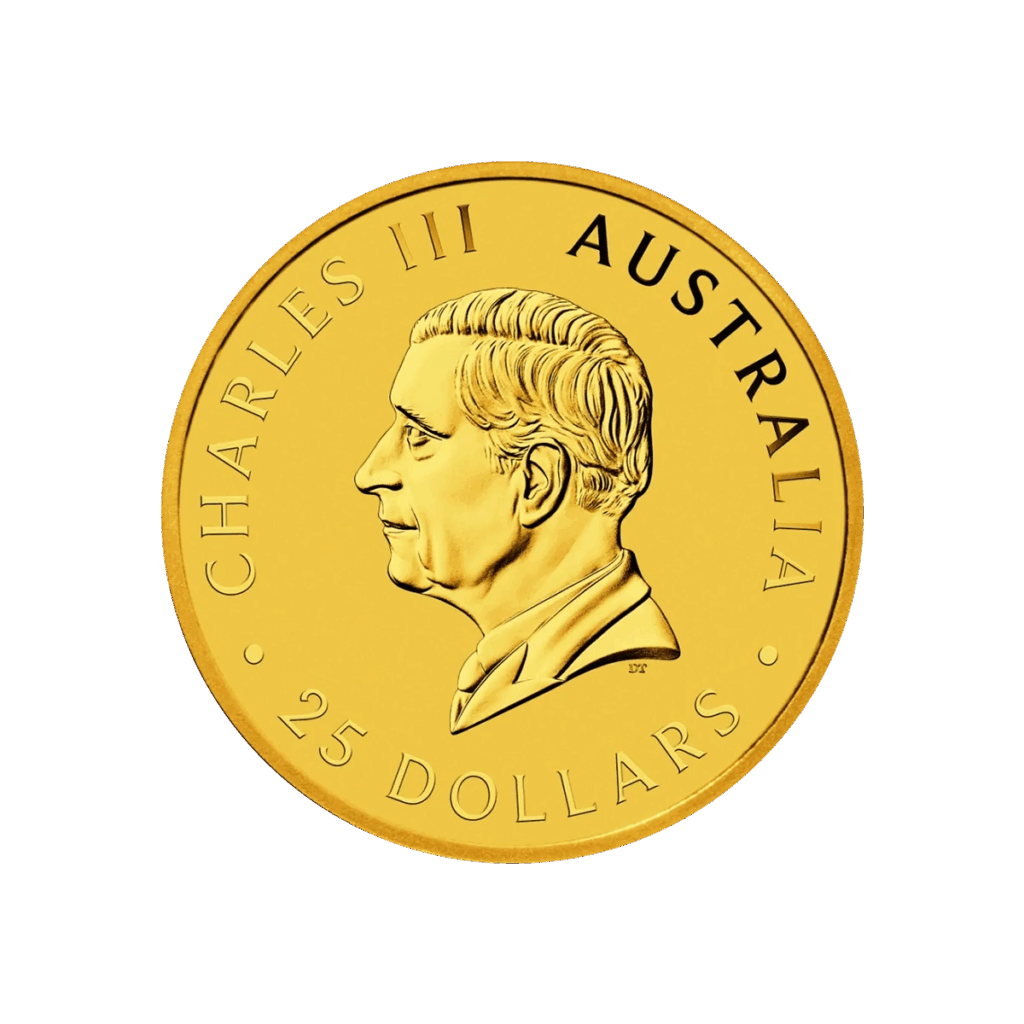 Una moneta d'oro australiana denominata Canguro Oro 2025 da 1/4 di oz presenta un profilo del re Carlo III rivolto verso sinistra, con le iscrizioni CHARLES III, AUSTRALIA e 25 DOLLARS intorno al bordo.