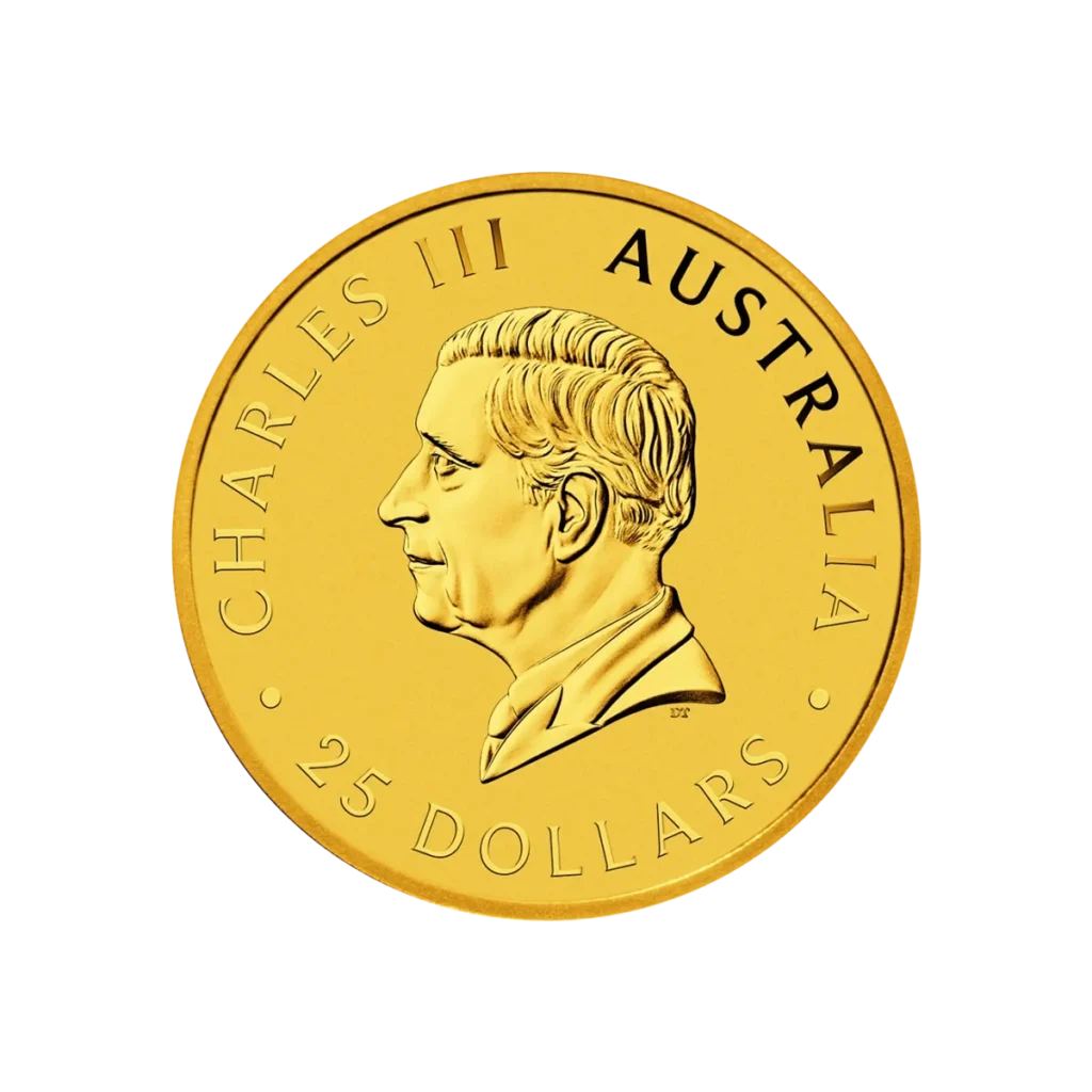 A 1/4 oz Australian Kangaroo Gold Coin 2025 featuring a left-facing portrait of King Charles III with CHARLES III, AUSTRALIA, and 25 DOLLARS inscribed along the edges.